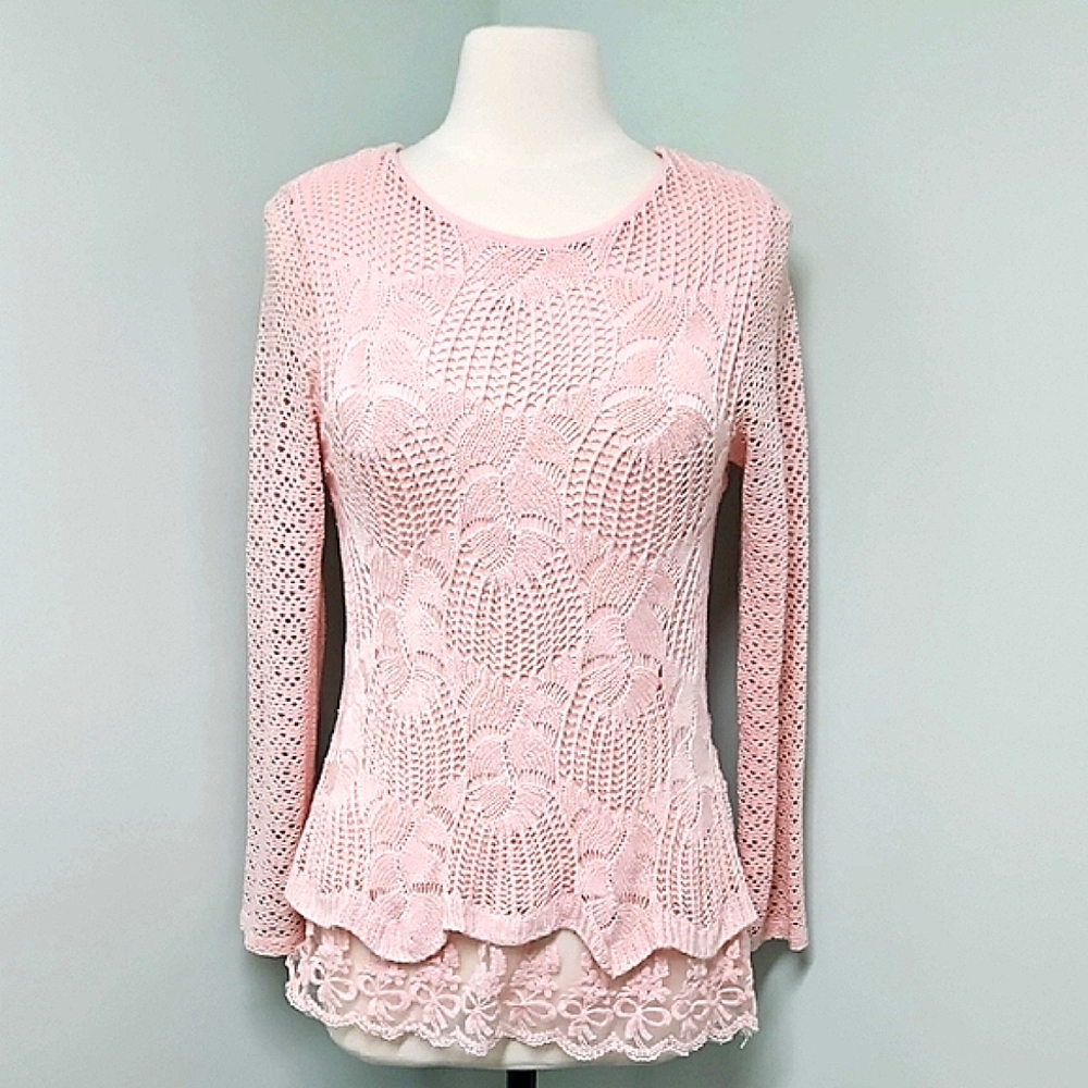LaSeine Pink Crochet Top Floral Butterfly Lace Whimsy Goth Coquette Medium
